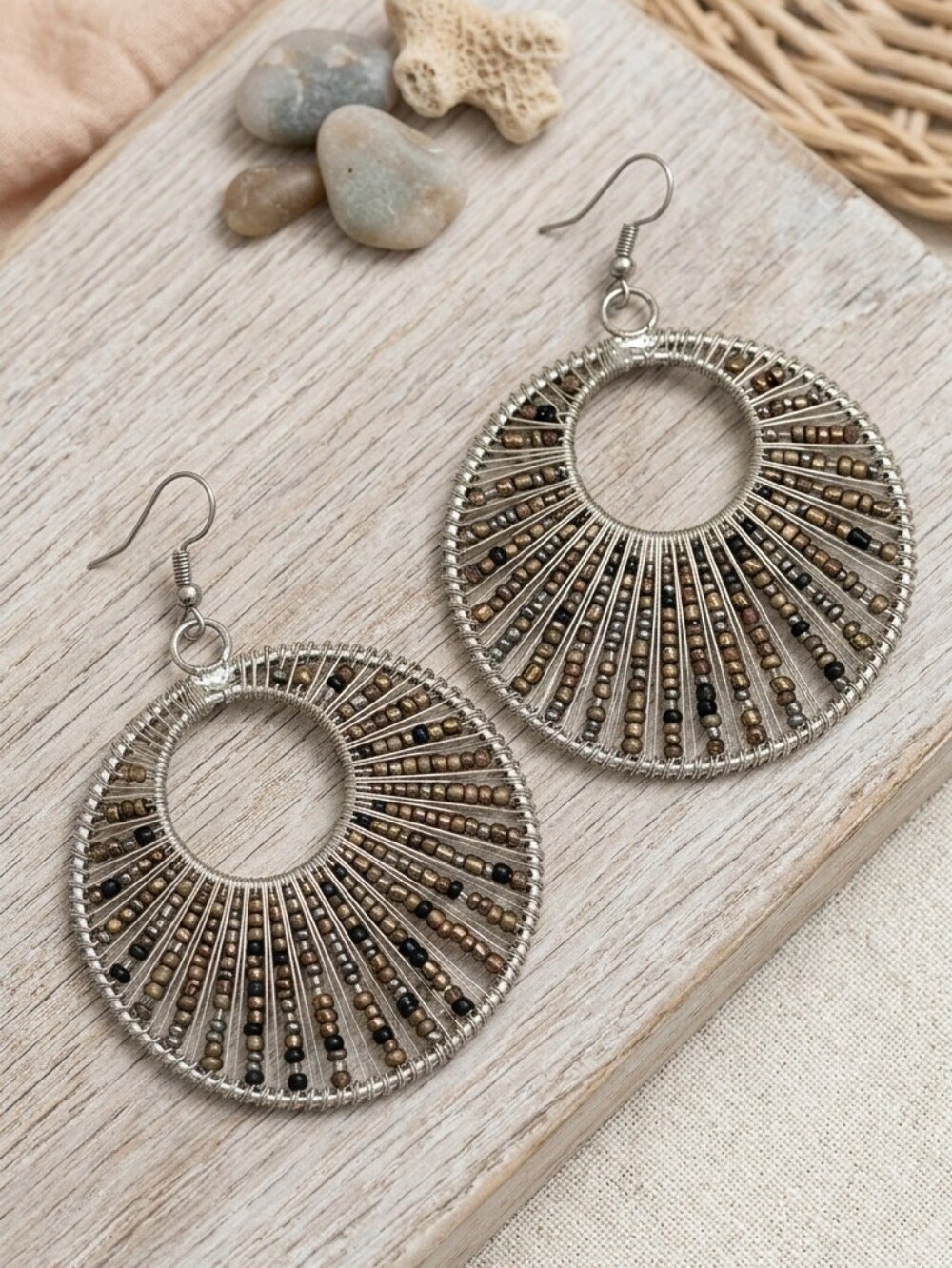 Boho Wire Wrapped Glass Bead Statement Hoop Earrings Earthy Bronze Silver 3"